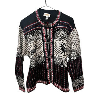 Talbots Made in Italy Women’s Cardigan Sz medium 100% Wool Deer Black Fair Isle